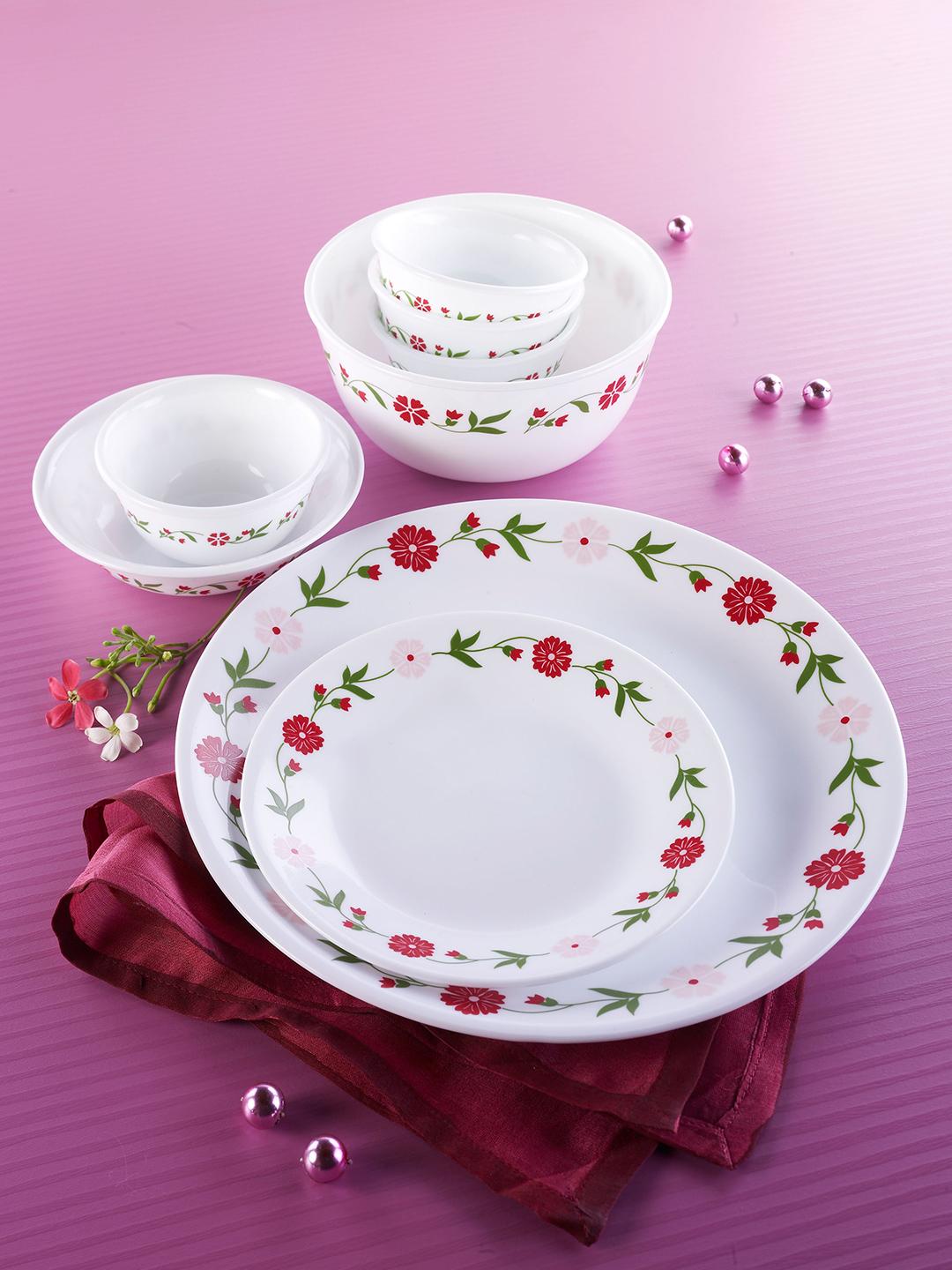 Buy Corelle Livingware Spring White Set of 14 Glass Printed Dinner