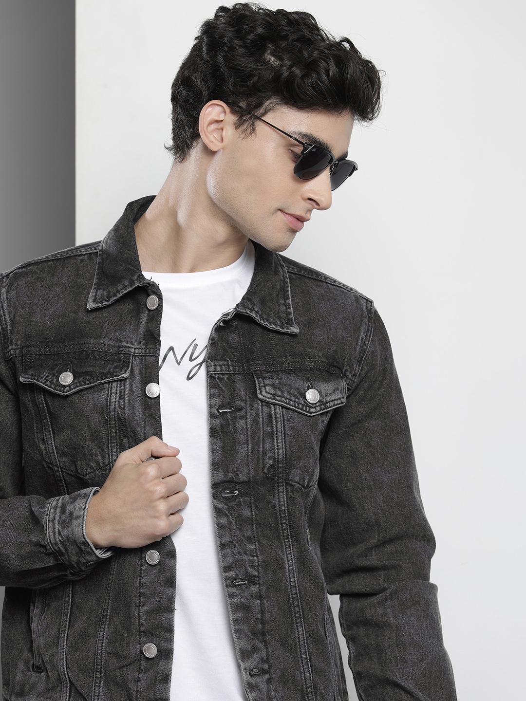 The Indian Garage Co Men Charcoal Grey Cotton Washed Denim Jacket - Image 1