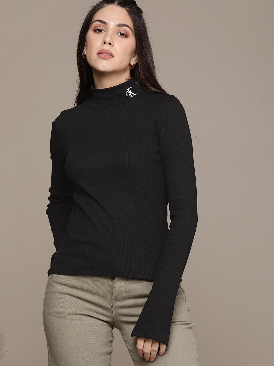 Buy Calvin Klein Jeans Women Black Self Design Turtle Neck Slim