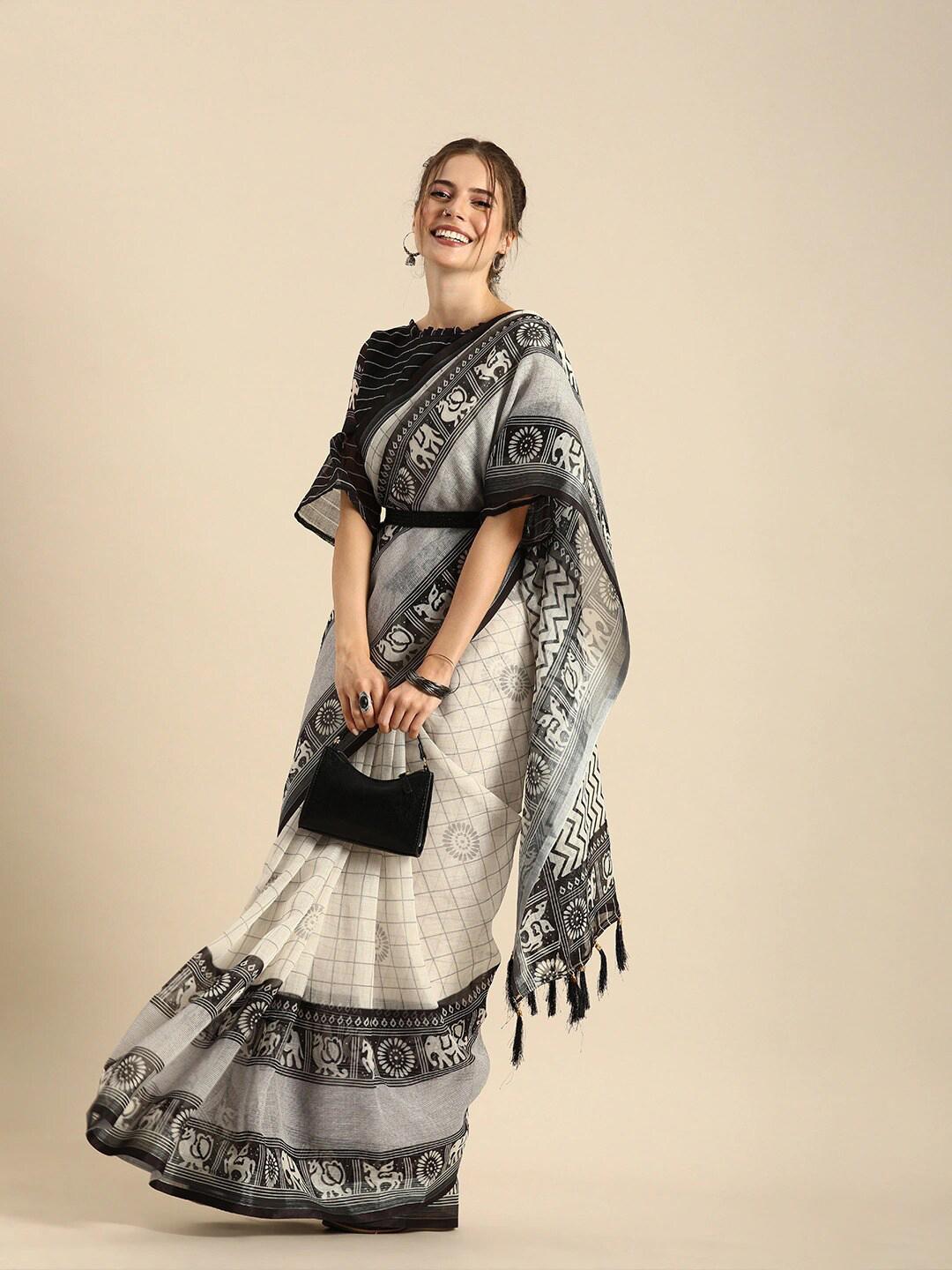 Buy Sangria Black & Grey Ethnic Motifs Zari Pure Linen Saree