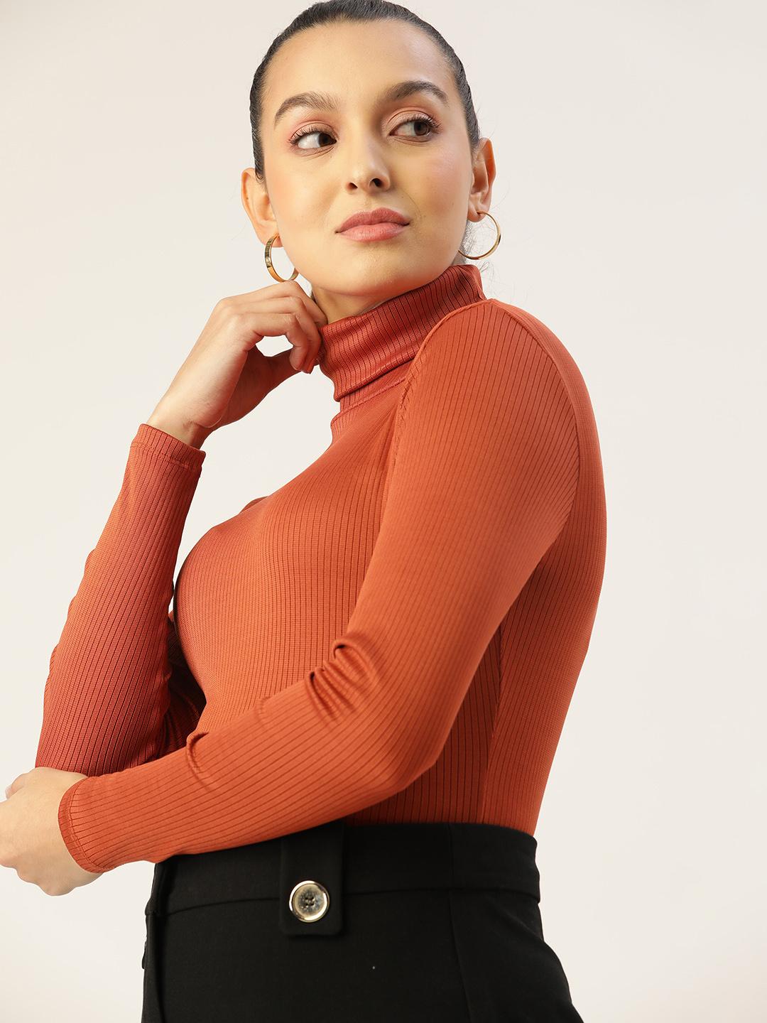 Buy DressBerry Rust Orange Ribbed Turtle Neck Fitted Top Tops
