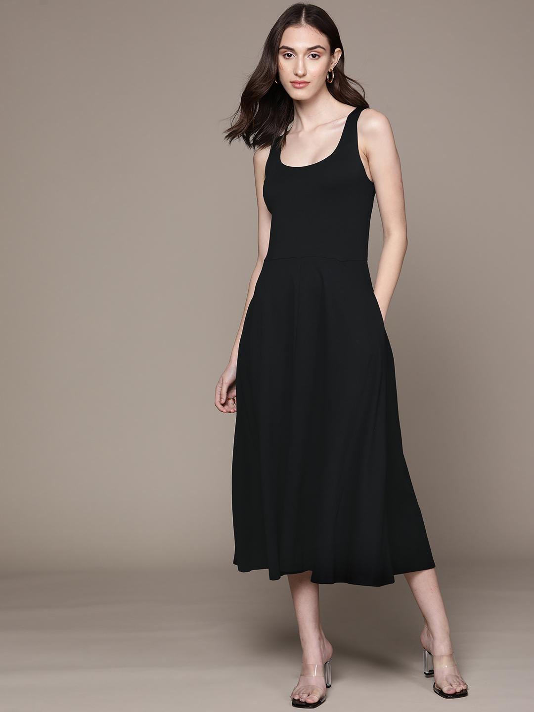 Buy Macy's Alfani Black Solid A-Line Midi Dress Dresses for