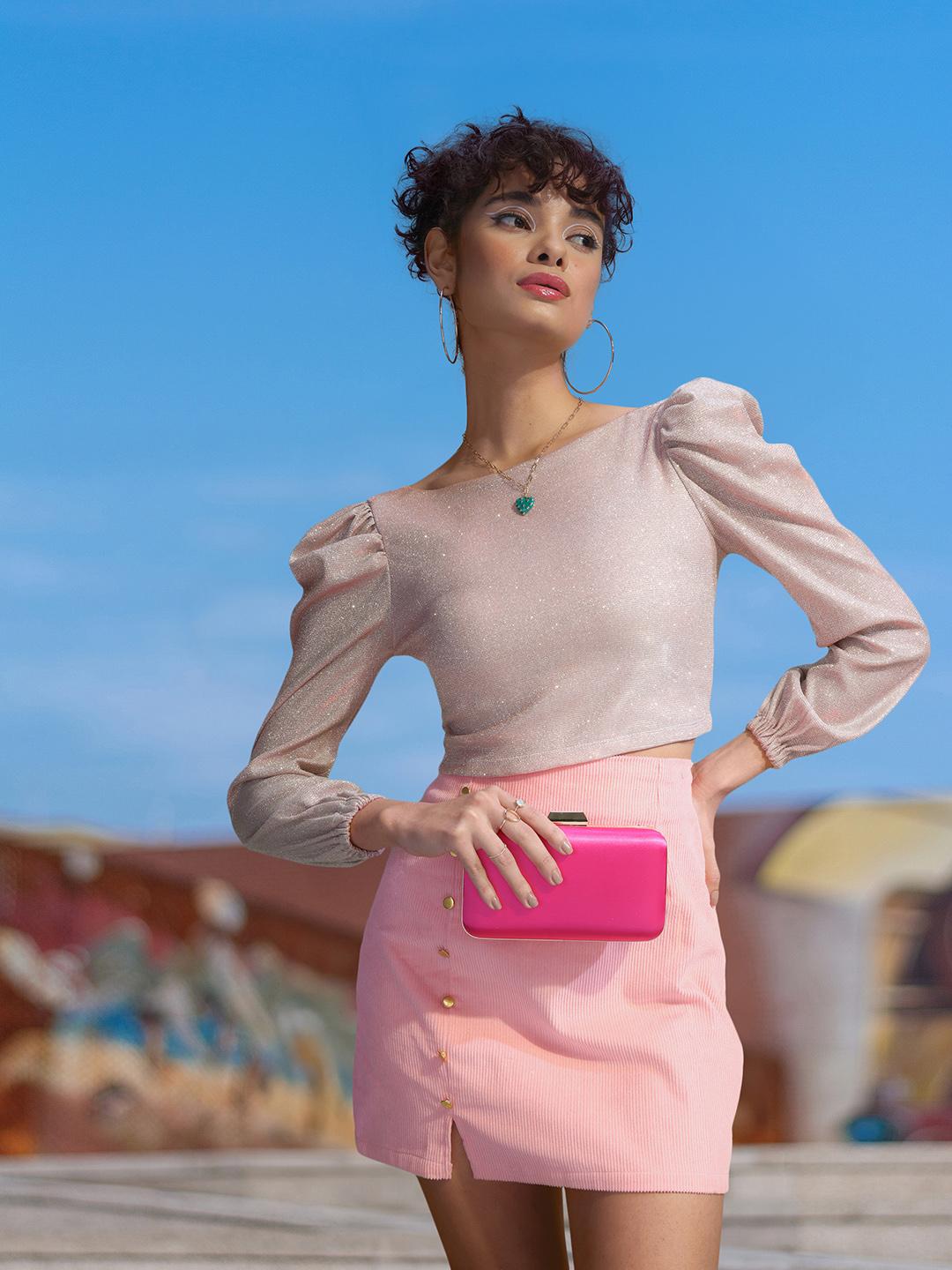 Buy DressBerry Mauve Glitter Embellished Shimmer Crop Fitted Top