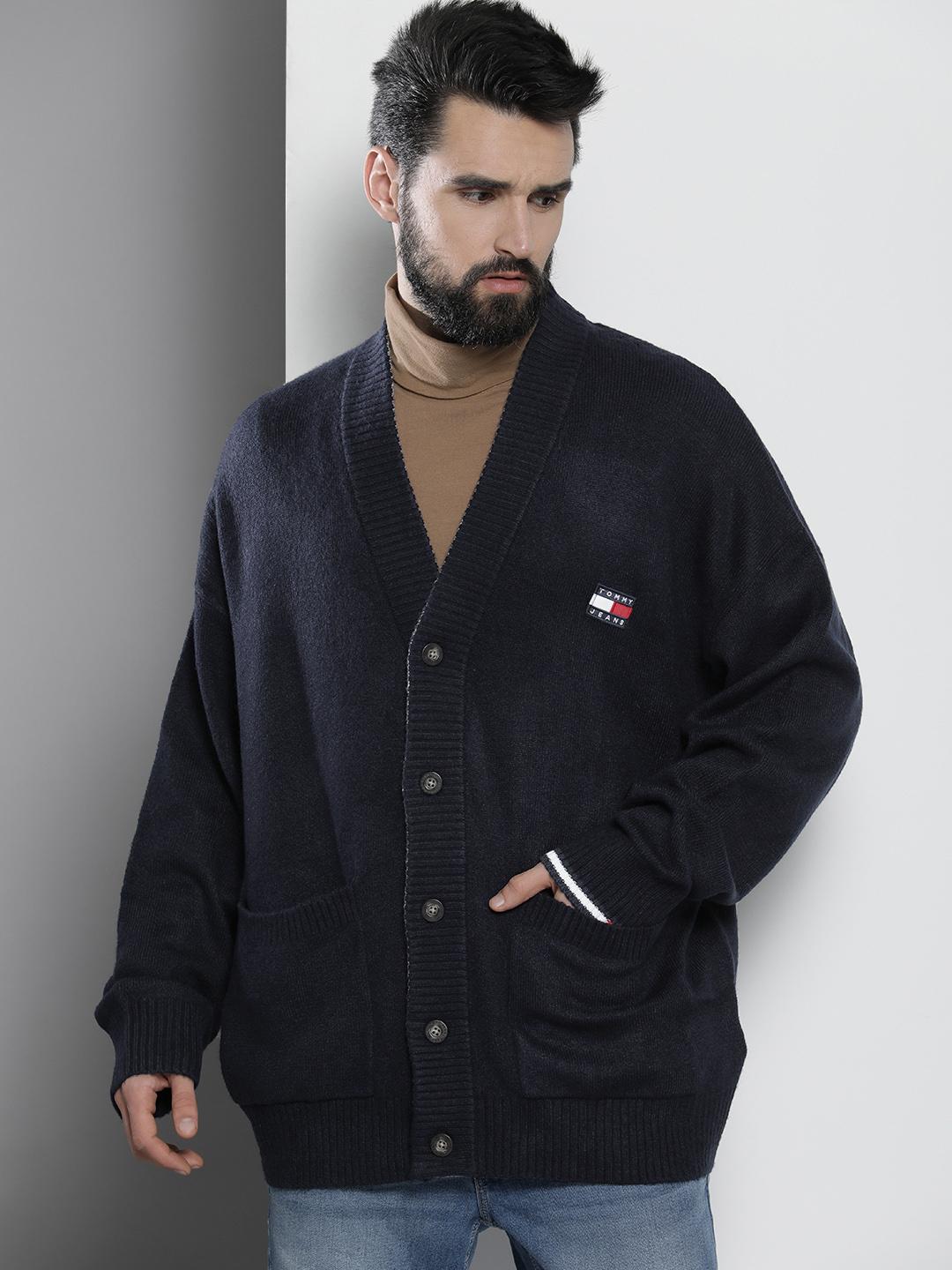 Buy Tommy Hilfiger Men Navy Blue Solid Casual Cardigan Sweaters