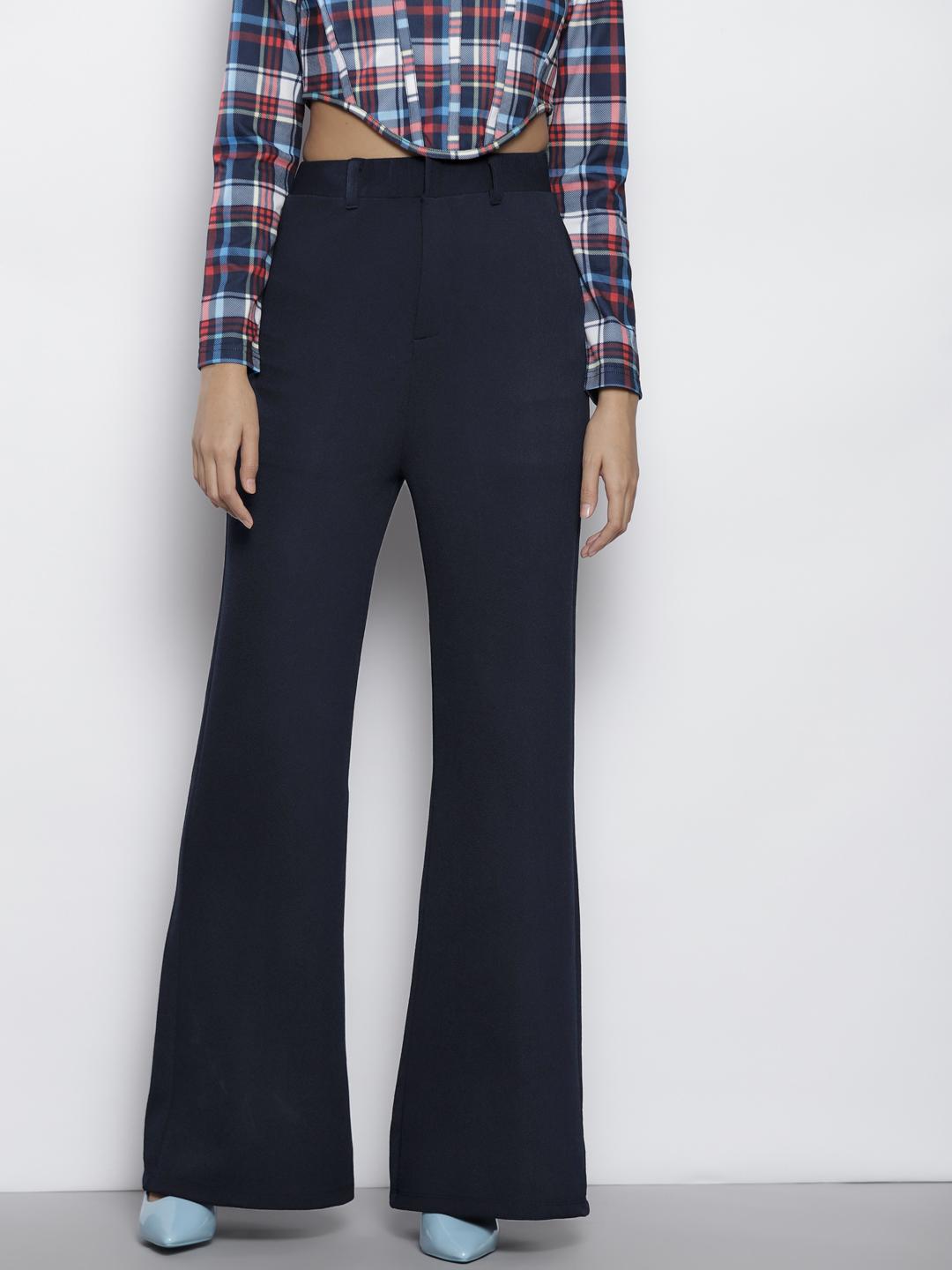 Buy SASSAFRAS Women Navy Blue Comfort Fit Bell Bottom Knitted Wide