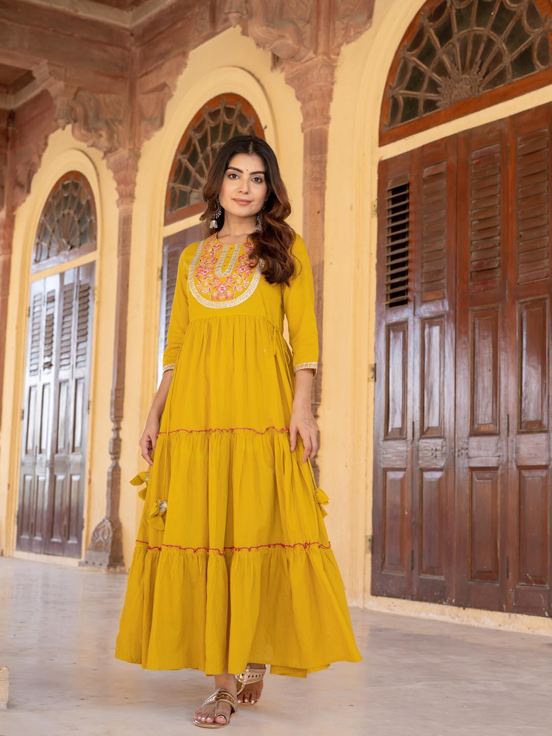 mustard colour maxi dress Roxy Saltwater Sweetness Combine style with comfort in this beautiful faux wrap dress Mustard Gown with Embellished Long