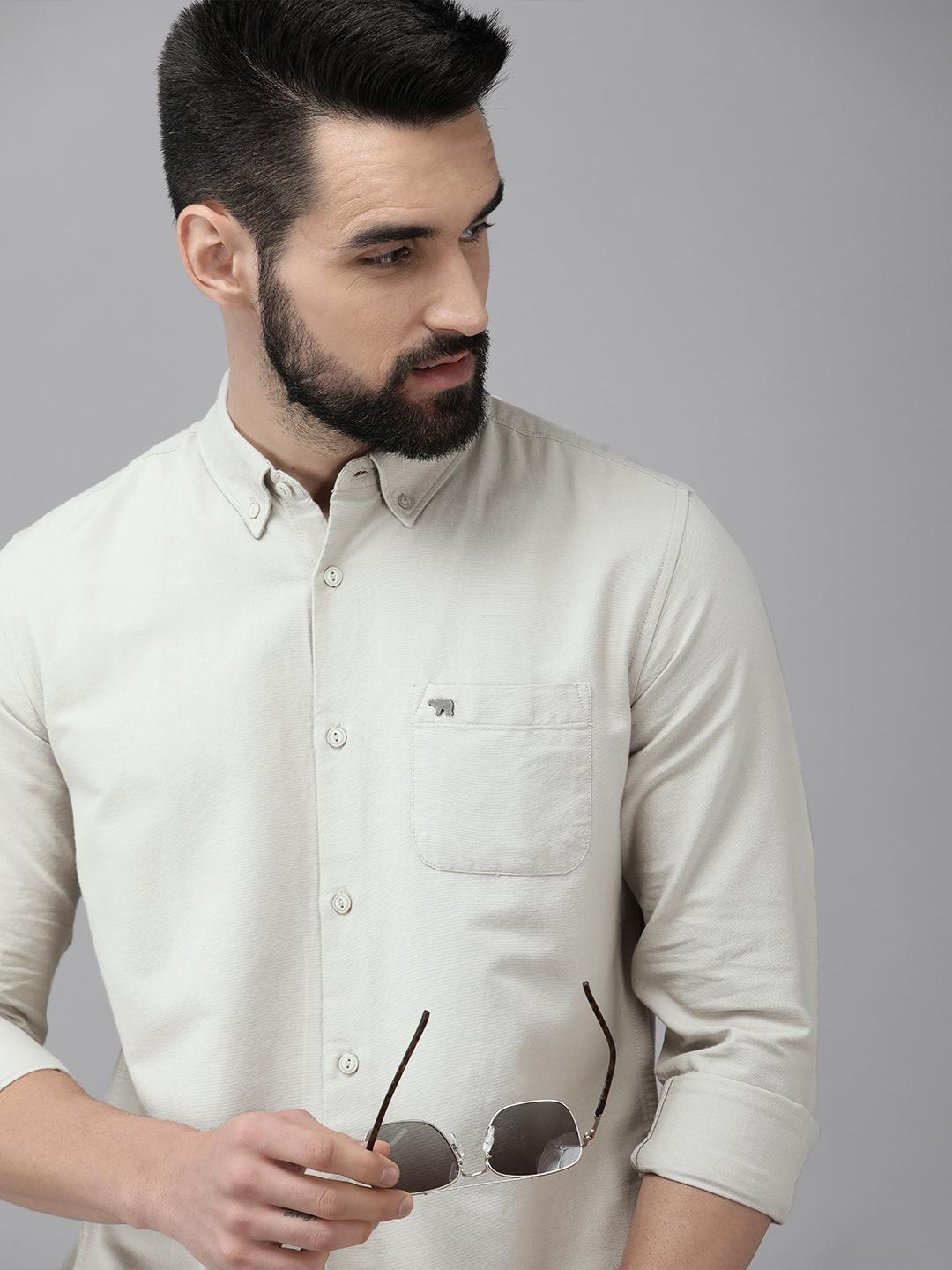 THE BEAR HOUSE Men Beige Solid Slim Fit Cotton Shirt - Image 1