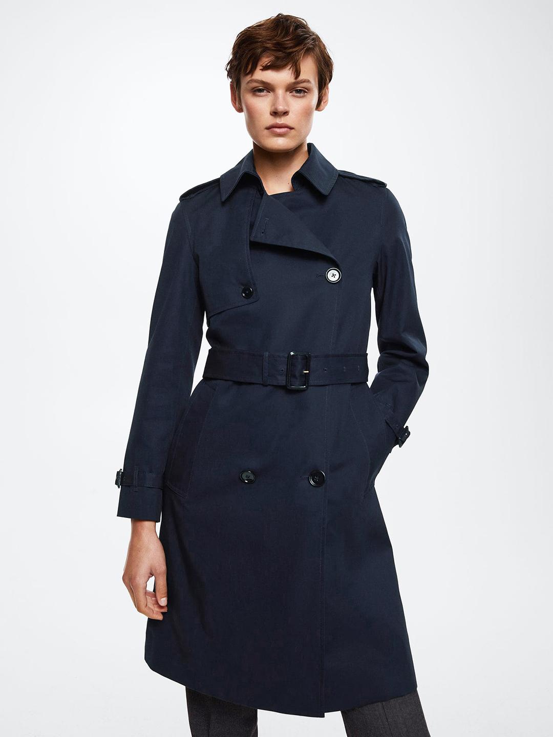 Buy MANGO Women Navy Blue Solid Double-Breasted Longline Trench