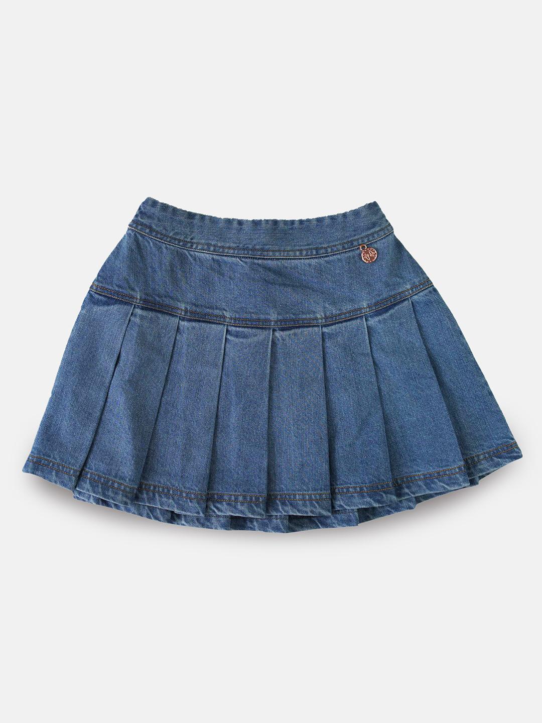 Buy Angel & Rocket Girls Blue Solid Pleated Denim A-Line Skirts