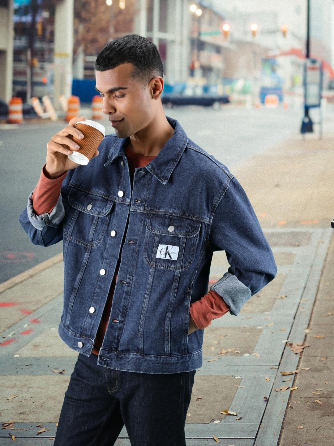 jaket calvin klein foundation denim jacket Calvin Klein Jeans Men Blue Brand Logo Printed Patchwork Denim Jacket