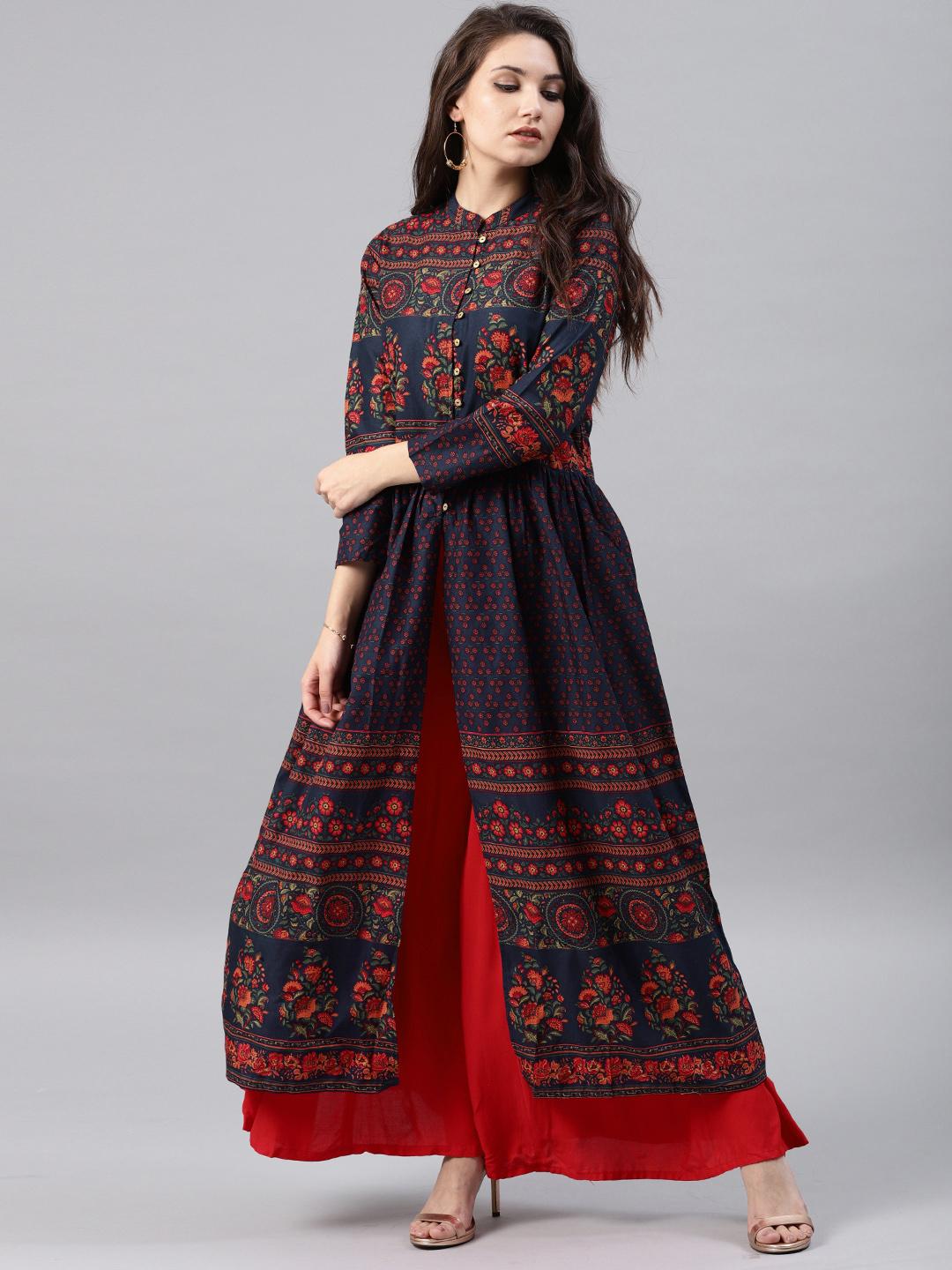 Buy Vishudh Navy Blue Floral Print Cotton Anarkali With Hight Slit