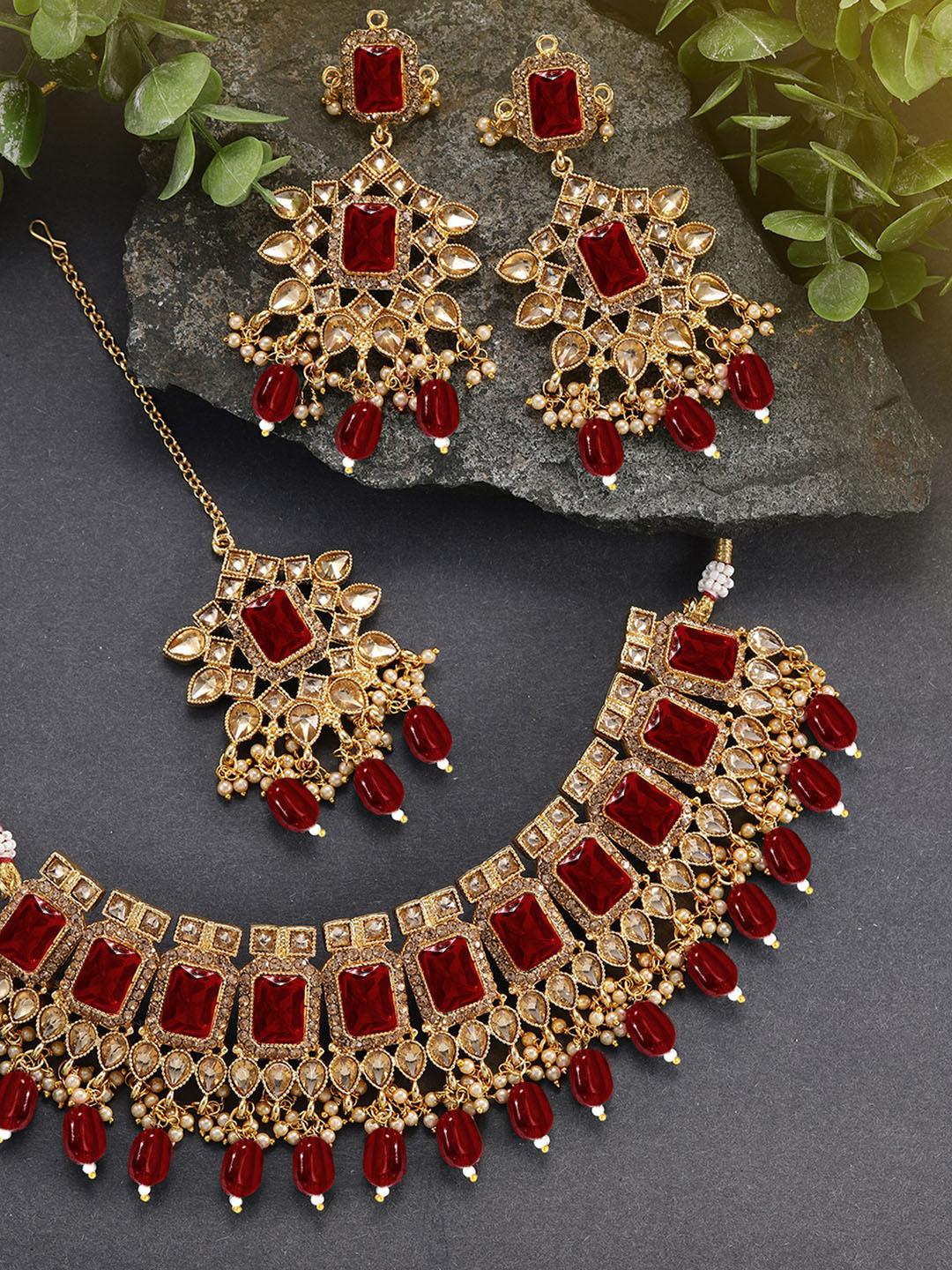 Buy Peora Gold-Plated Maroon Choker Necklace Jewellery Set