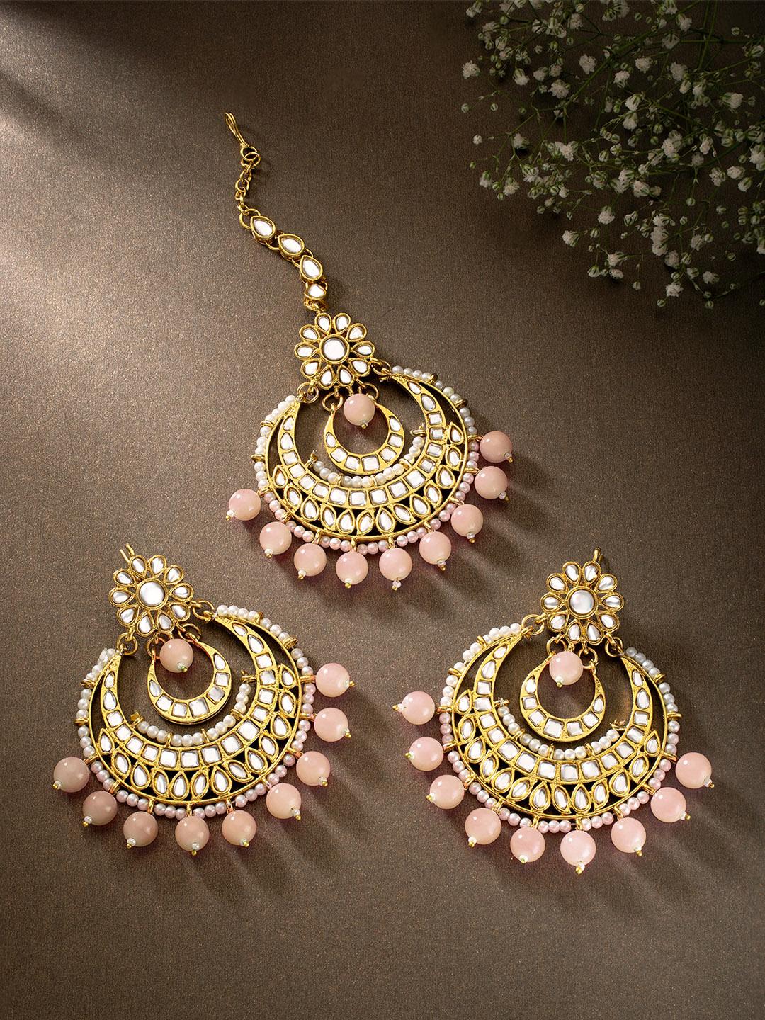 Necklace Peach Colour Maang Tikka Peach Alloy Necklace Set With