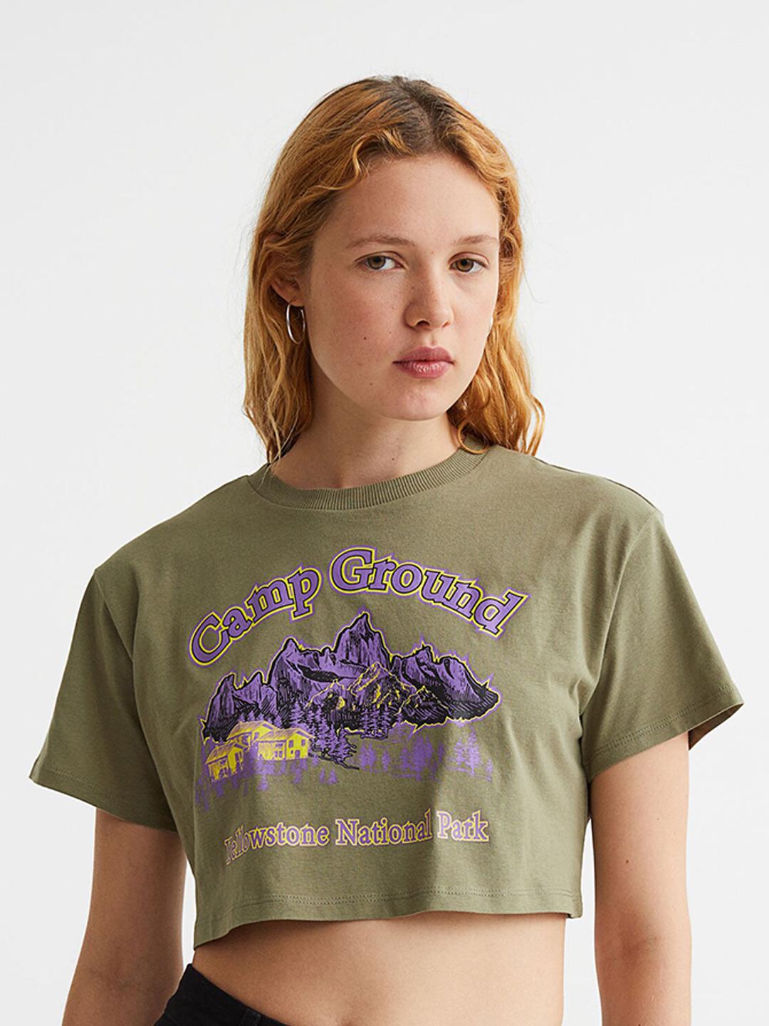 Buy H&M Women Olive Green Cropped Printed Top - Tops for Women