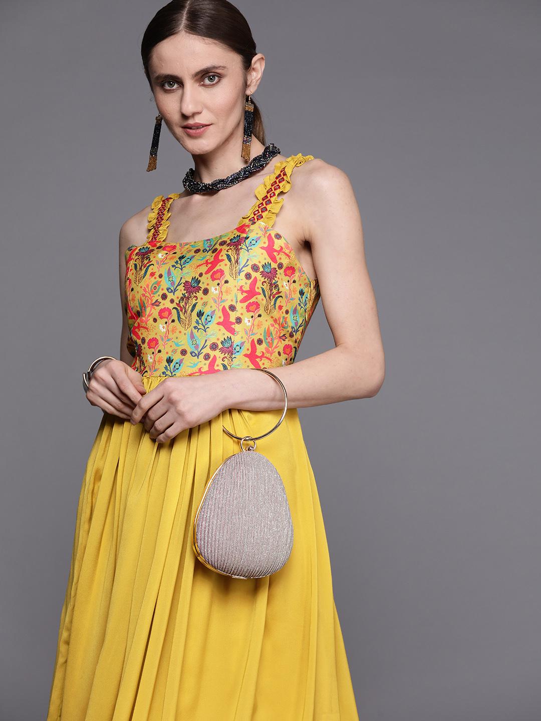 Buy Inddus Mustard Yellow Floral Satin Ethnic A-Line Maxi Dress