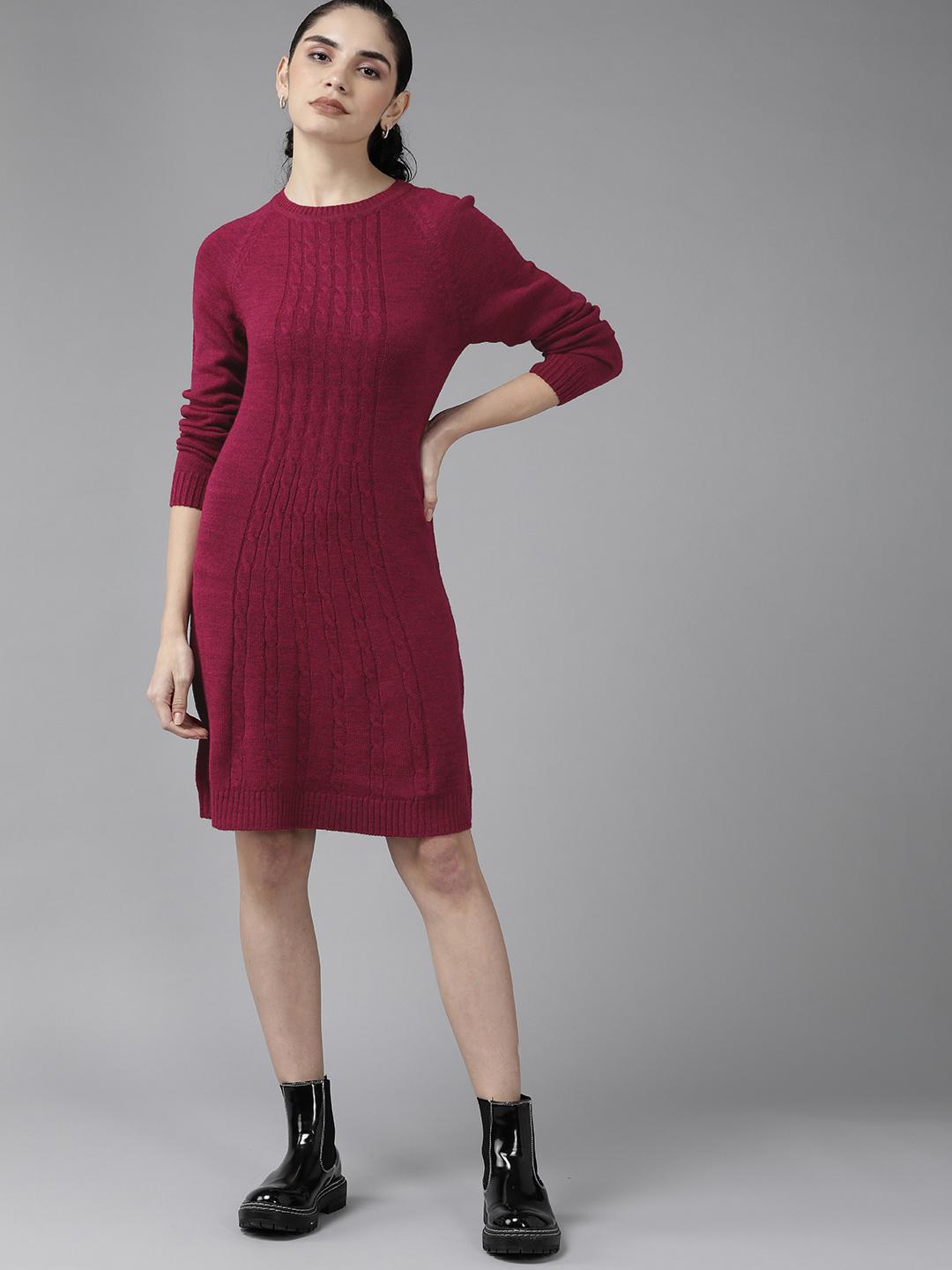 Buy Roadster Women Maroon Cable Knit Sweater Dress Myntra