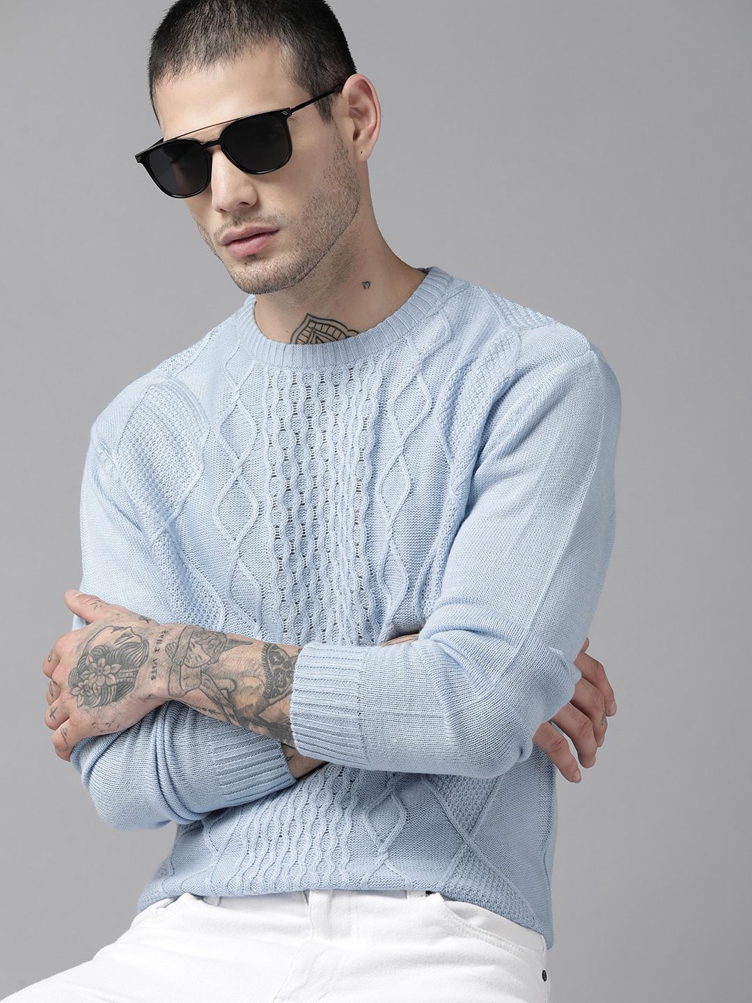 Buy Roadster Men Blue Acrylic Cable Knit Pullover Sweaters for