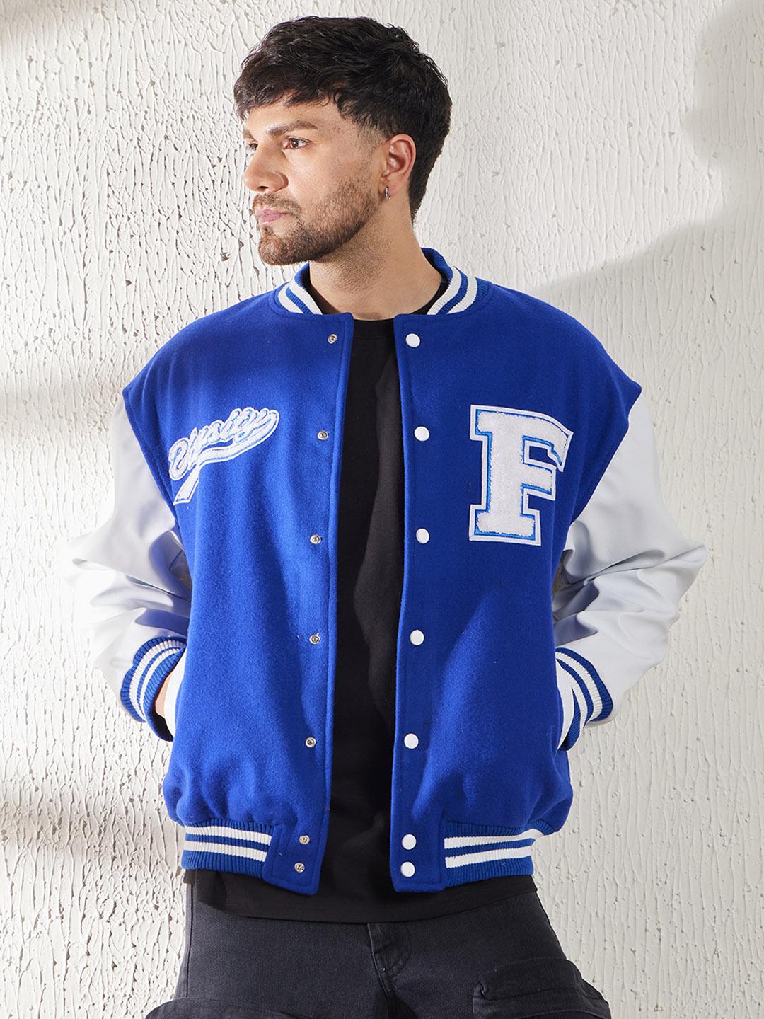 FUGAZEE Men Blue White Cotton Colourblocked Bomber Jacket