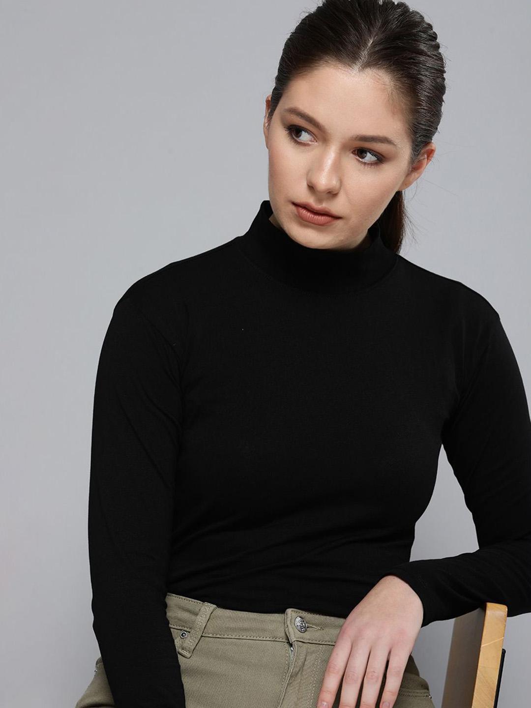 Buy HERE&NOW Women Black Solid High Neck Pure Cotton T-shirt