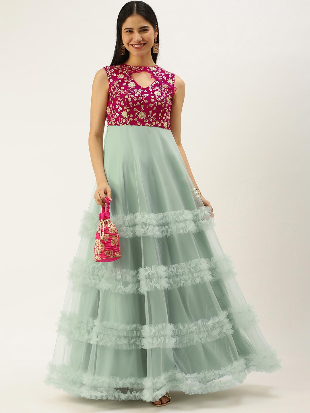 Buy Ethnovog Green Magenta Ethnic Motifs Embroidered Net Ethnic Maxi Maxi  Dress - Ethnic Dresses for Women 19865400 | Myntra