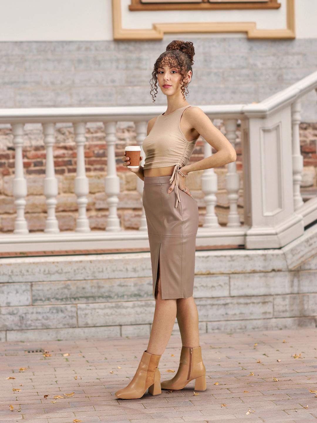 Buy MANGO Brown Faux-Leather Pencil Skirt Skirts for Women