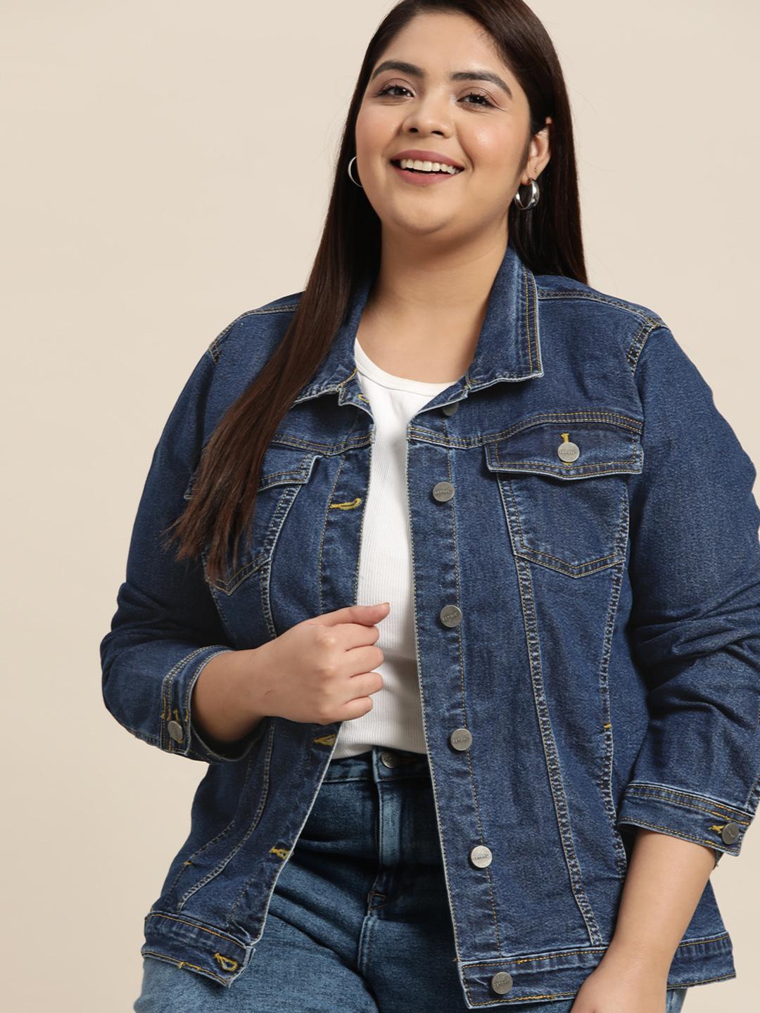 Buy Sztori Plus Size Women Navy Blue Pure Cotton Denim Jacket