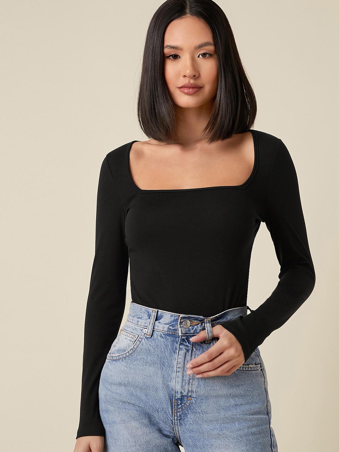 Buy AAHWAN Black Solid Basic Square Neck Top - Tops for Women