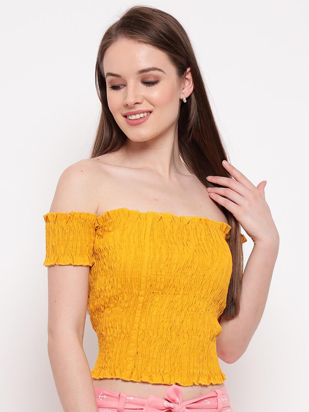 Aawari Mustard Yellow Off-Shoulder Smocked Bardot Crop Top