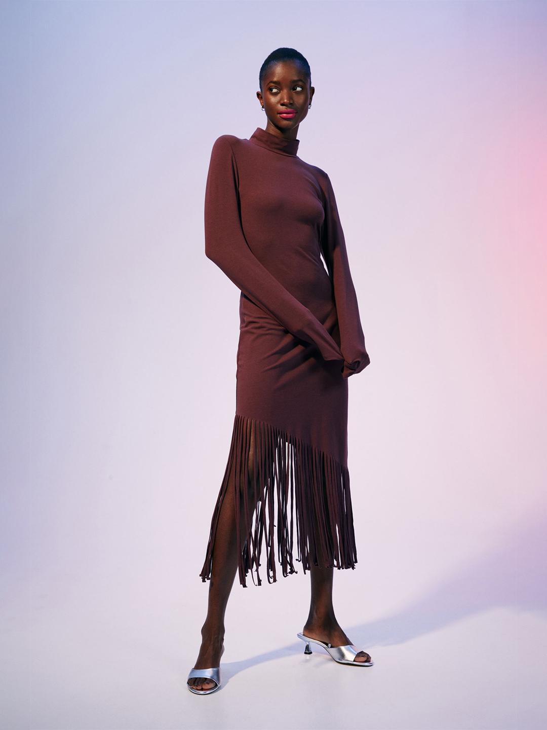 h&m fringe trimmed knitted dress Women's Black Fringe-trimmed knitted dress
