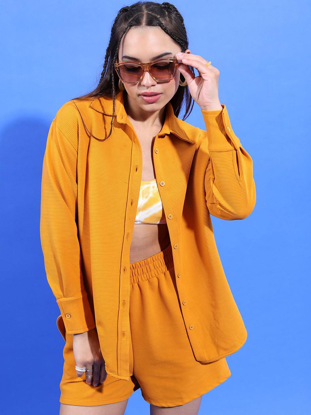 Buy Tokyo Talkies Yellow Long Sleeves Structured Shirt With Short
