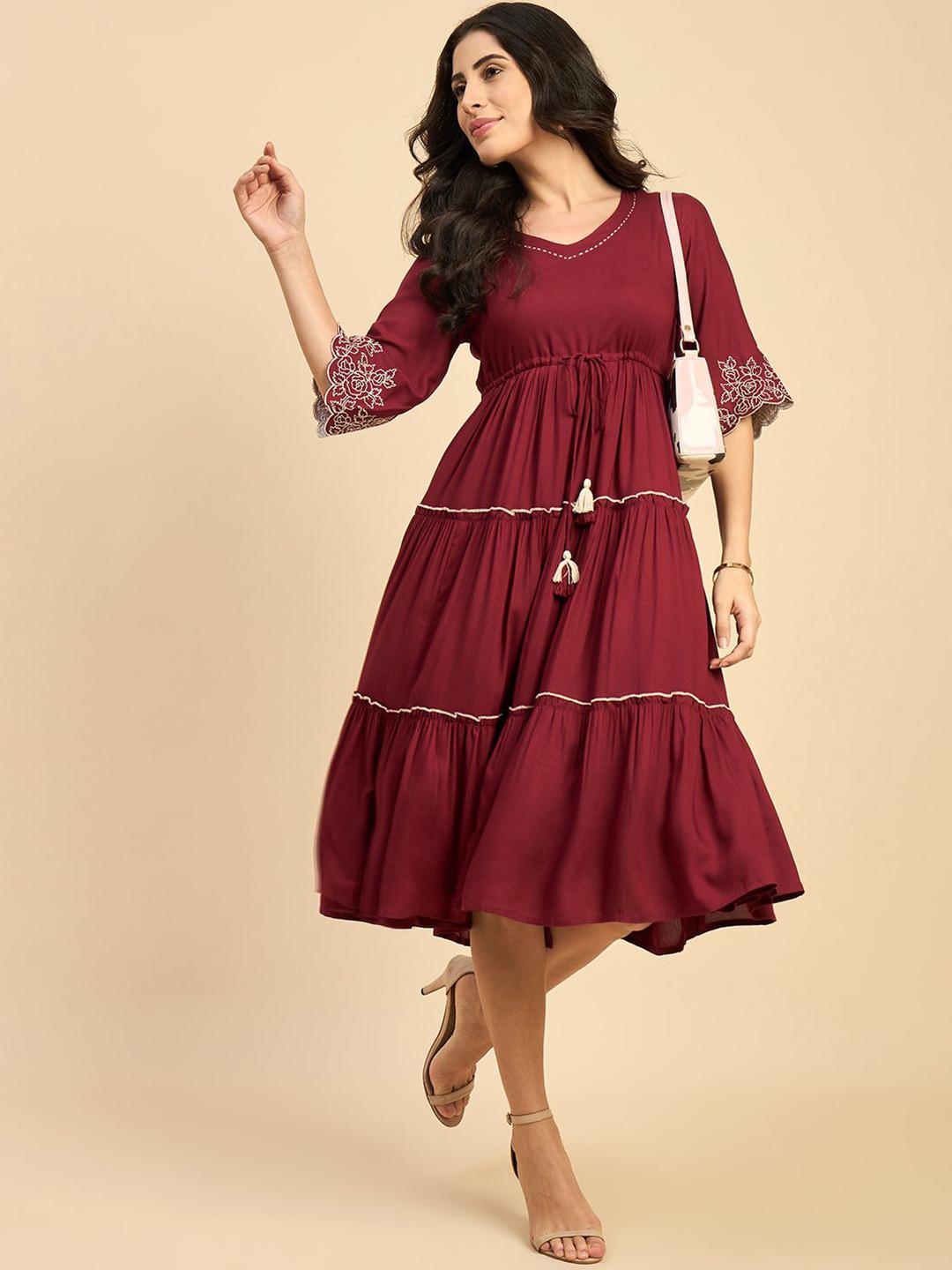 Azira Women Round Neck Tiered Empire Midi Dress - Image 1