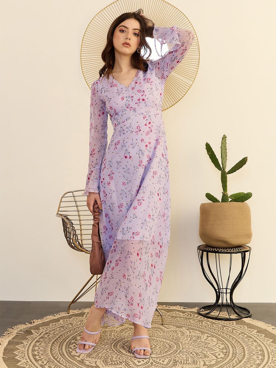 Buy Berrylush Floral Printed Bell Sleeve Chiffon A-Line Maxi Dress