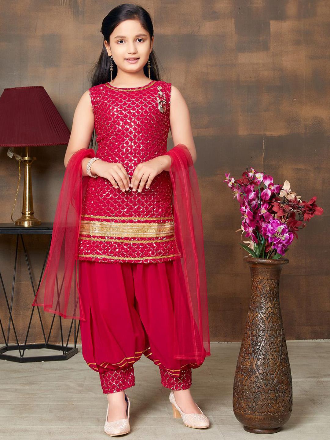 Sangria Girls Sequin Embroidered Lace Work Kurti Patiala With Dupatta