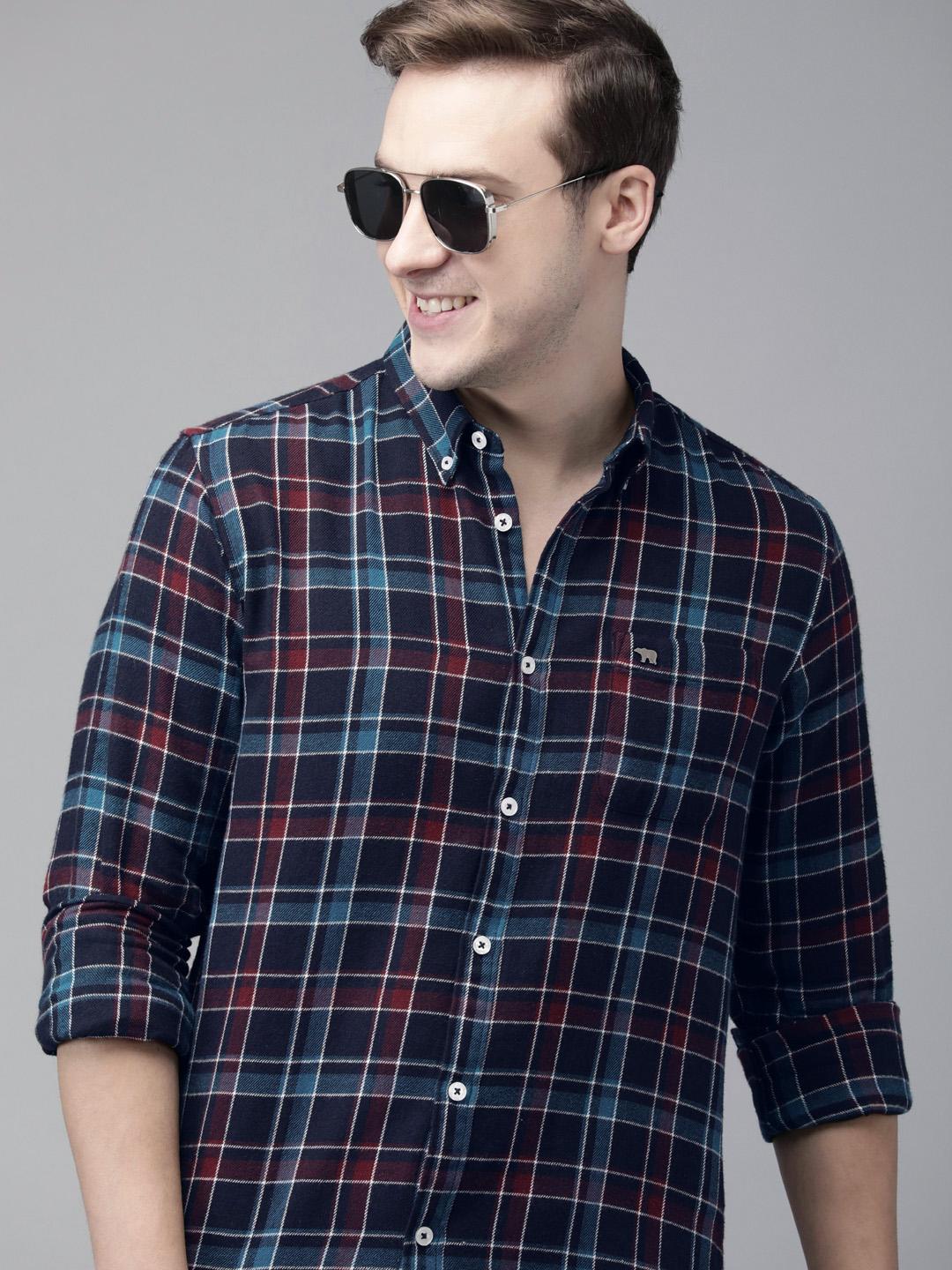 THE BEAR HOUSE Men Navy Blue Slim Fit Checked Flannel Shirt - Image 1