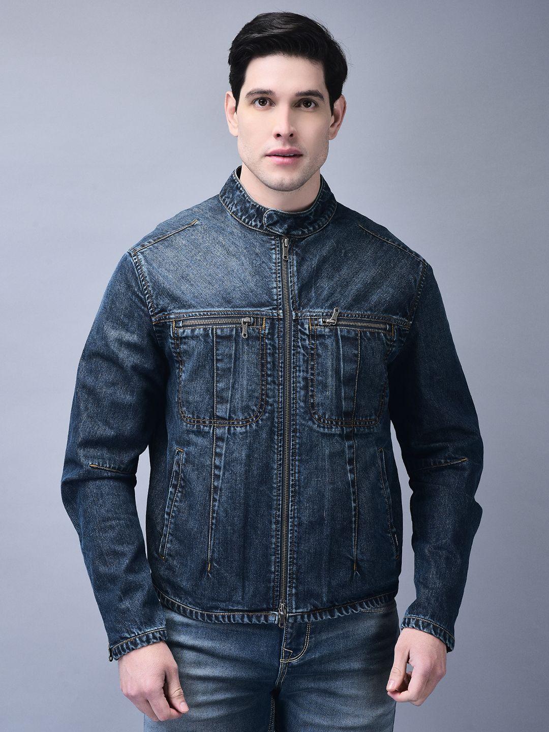 Buy Woods Men Mandarin Collar Washed Solid Cotton Casual Denim