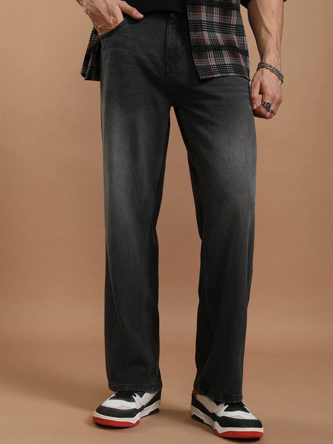 HIGHLANDER Men Charcoal Relaxed Wild Leg Flare Jeans Black - Image 1