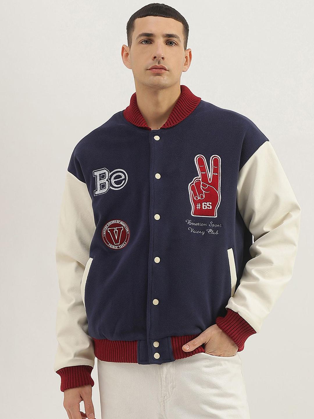 United Colors of Benetton Men Stand Collar Graphic Printed Casual Varsity Jacket