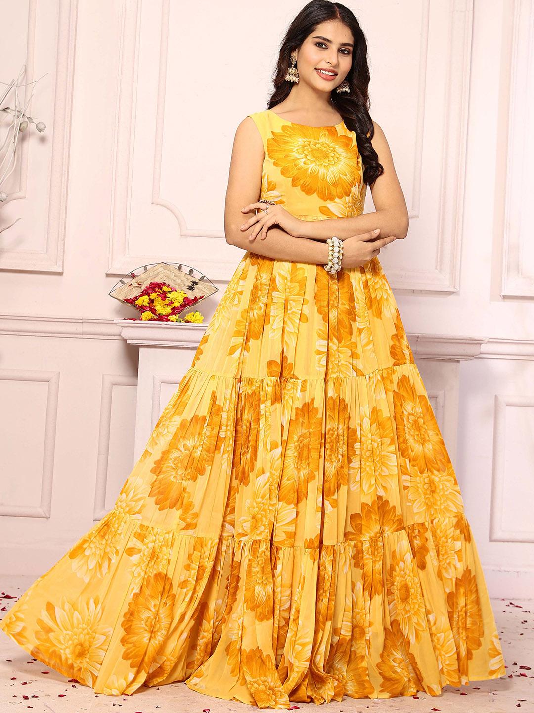 Buy CHANSI Sunflower Printed Georgette Sleeveless Tiered Gown