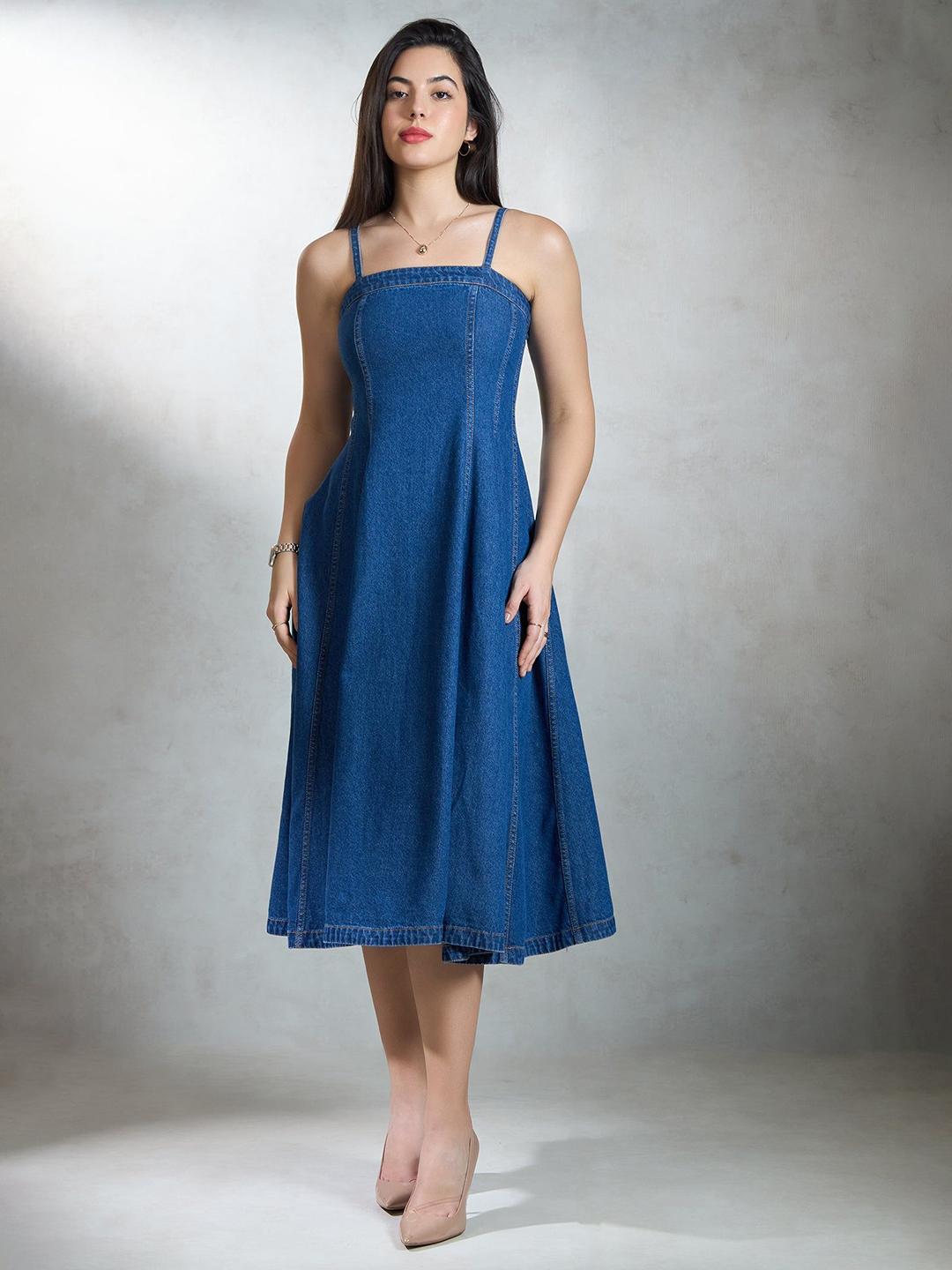 Buy Virgio Women Pure Cotton Denim Banded Flared Dress - Dresses