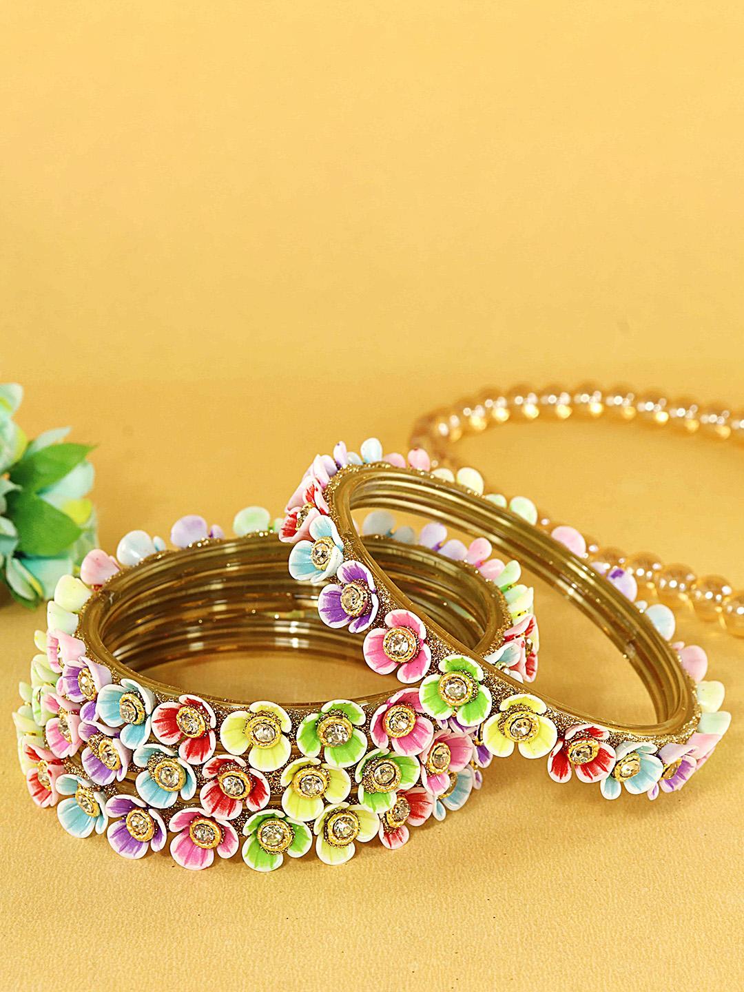 Buy ZULKA Set Of 4 Stone-Studded Flower Bangles - Bangle for