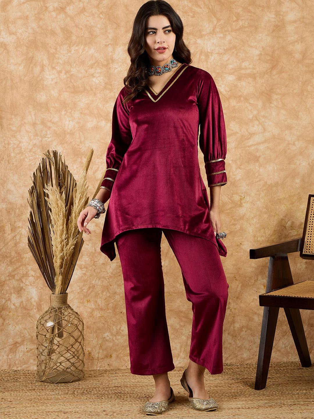 Buy SAHASIKA V-Neck Three-Quarter Sleeves Velvet Top With Trouser