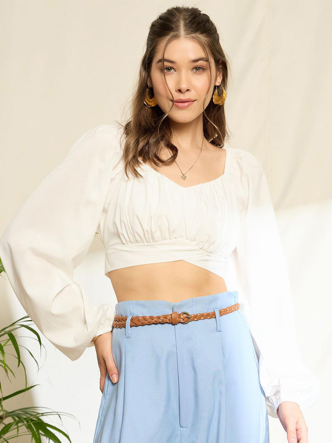 トップス T/C BALLOON SLEEVE CROPPED BLOUSE Buy Berrylush Sweetheart Neck Bishop Sleeves Styled Back Crop Top