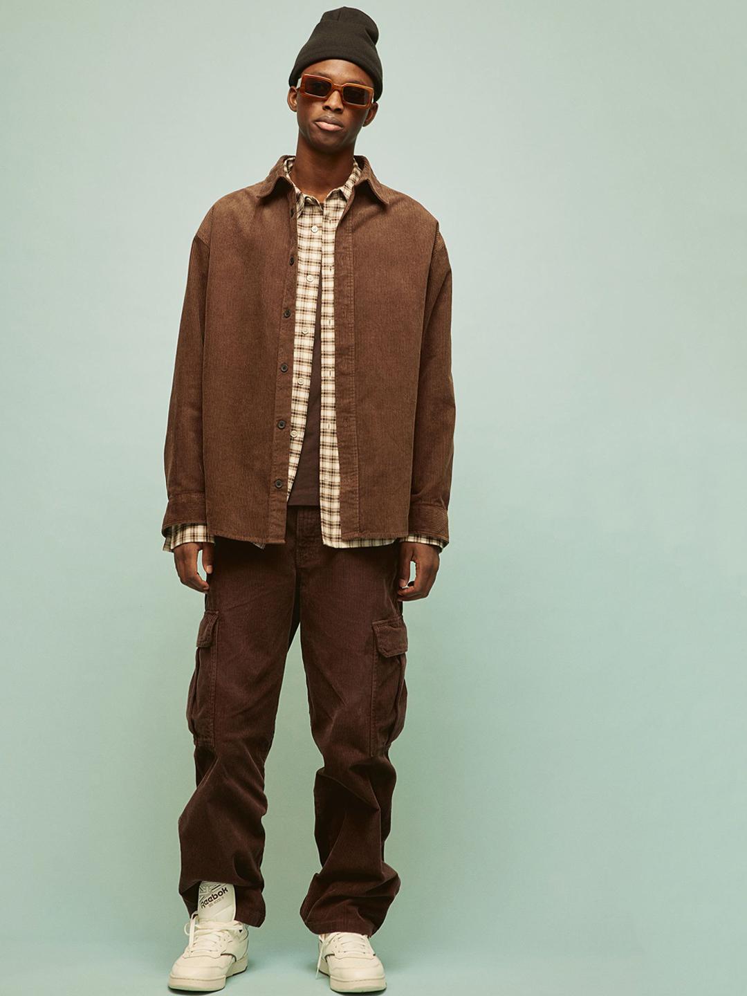 H&M Loose Fit Cotton Corduroy Cargo Trousers