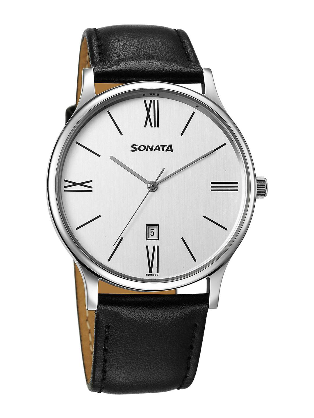 Sonata Men Brass Dial Leather Strap Watch 77105SL22W