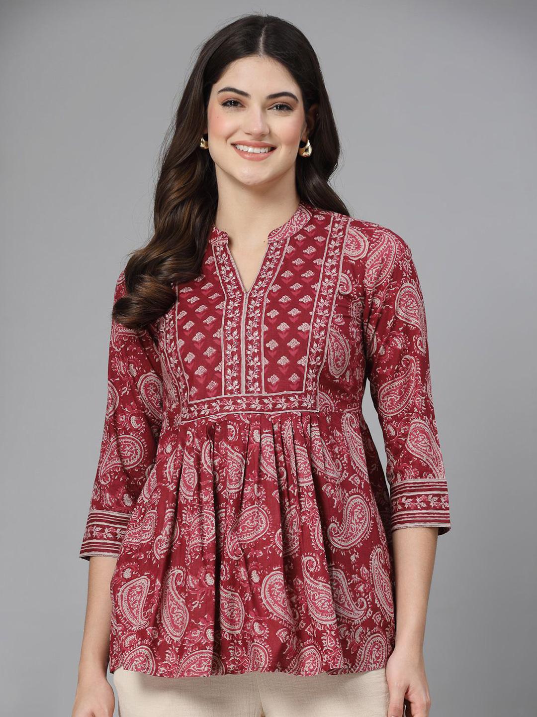 QOMN Ethnic Motifs Printed Mandarin Collar Cotton Peplum Top - Image 1