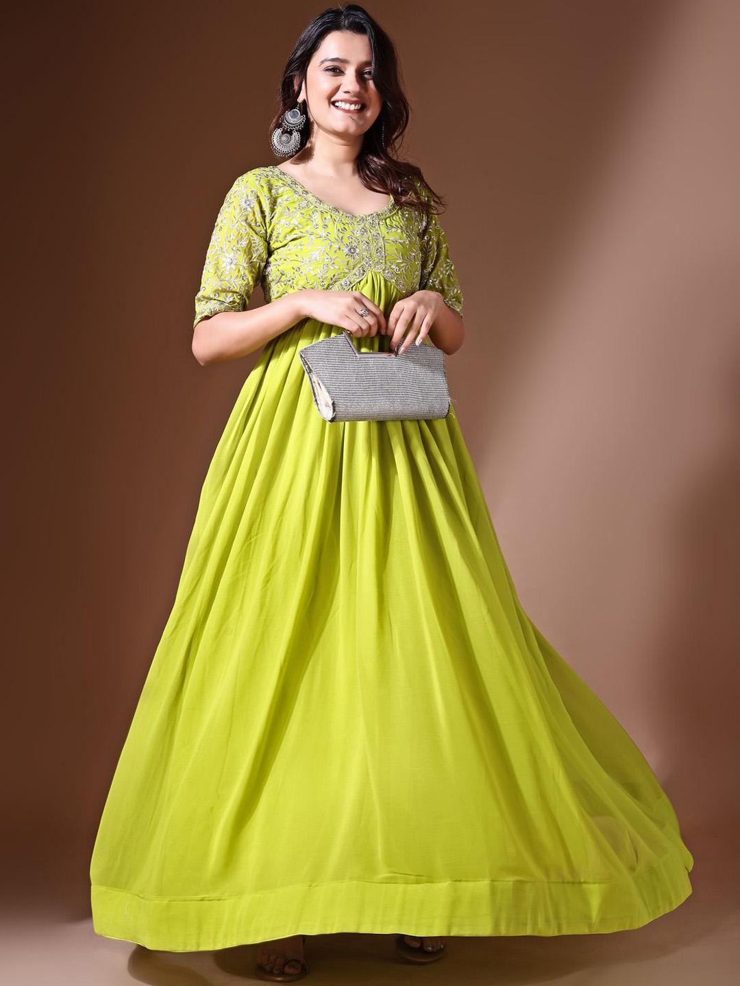 Buy KALINI Floral Embroidered Round Neck Gathered Georgette Fit & Flare Maxi  Ethnic Dress - Ethnic Dresses for Women 31209267 | Myntra