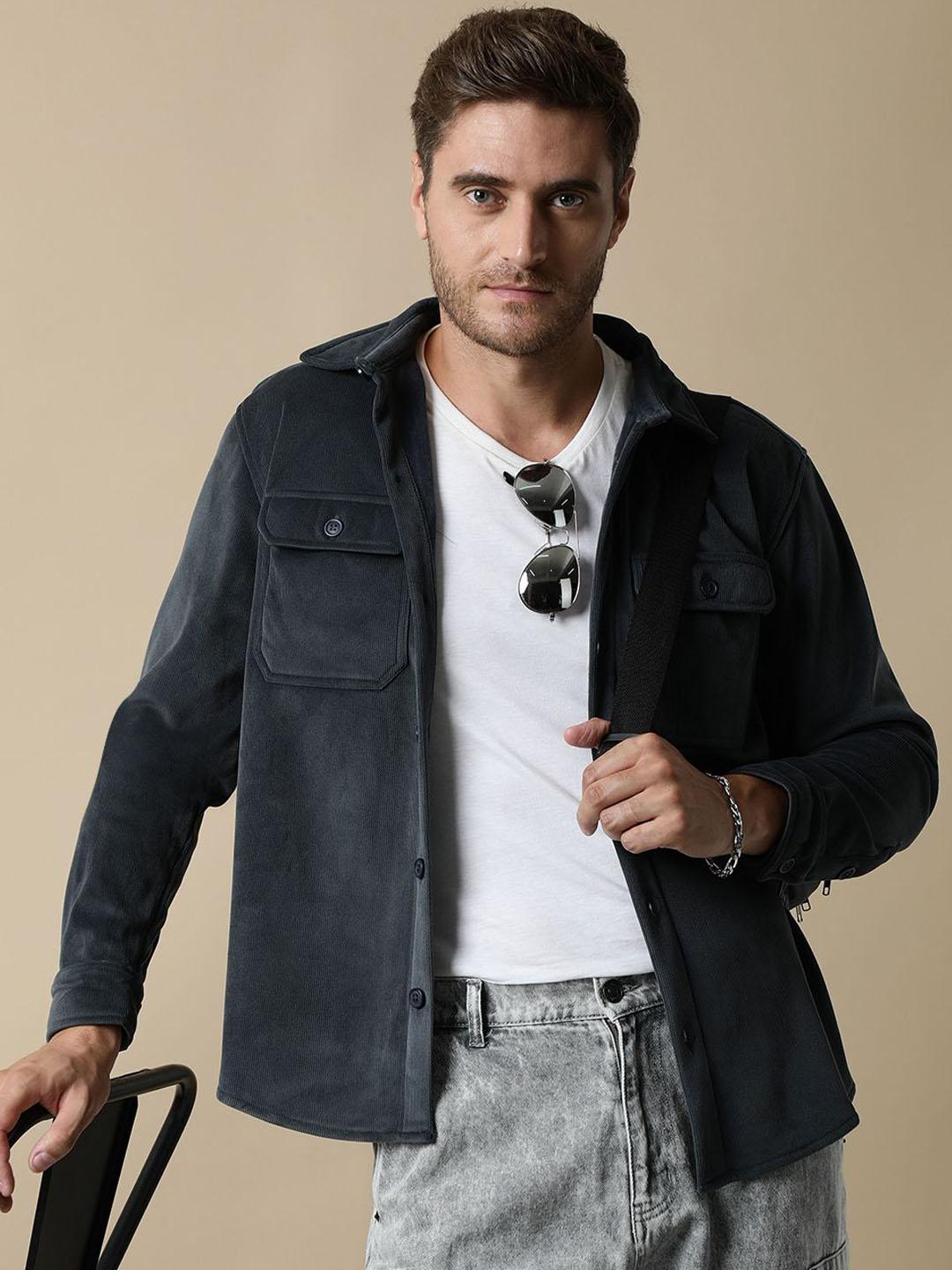 Buy Fort Collins Men Spread Collar Solid Corduroy Casual Open