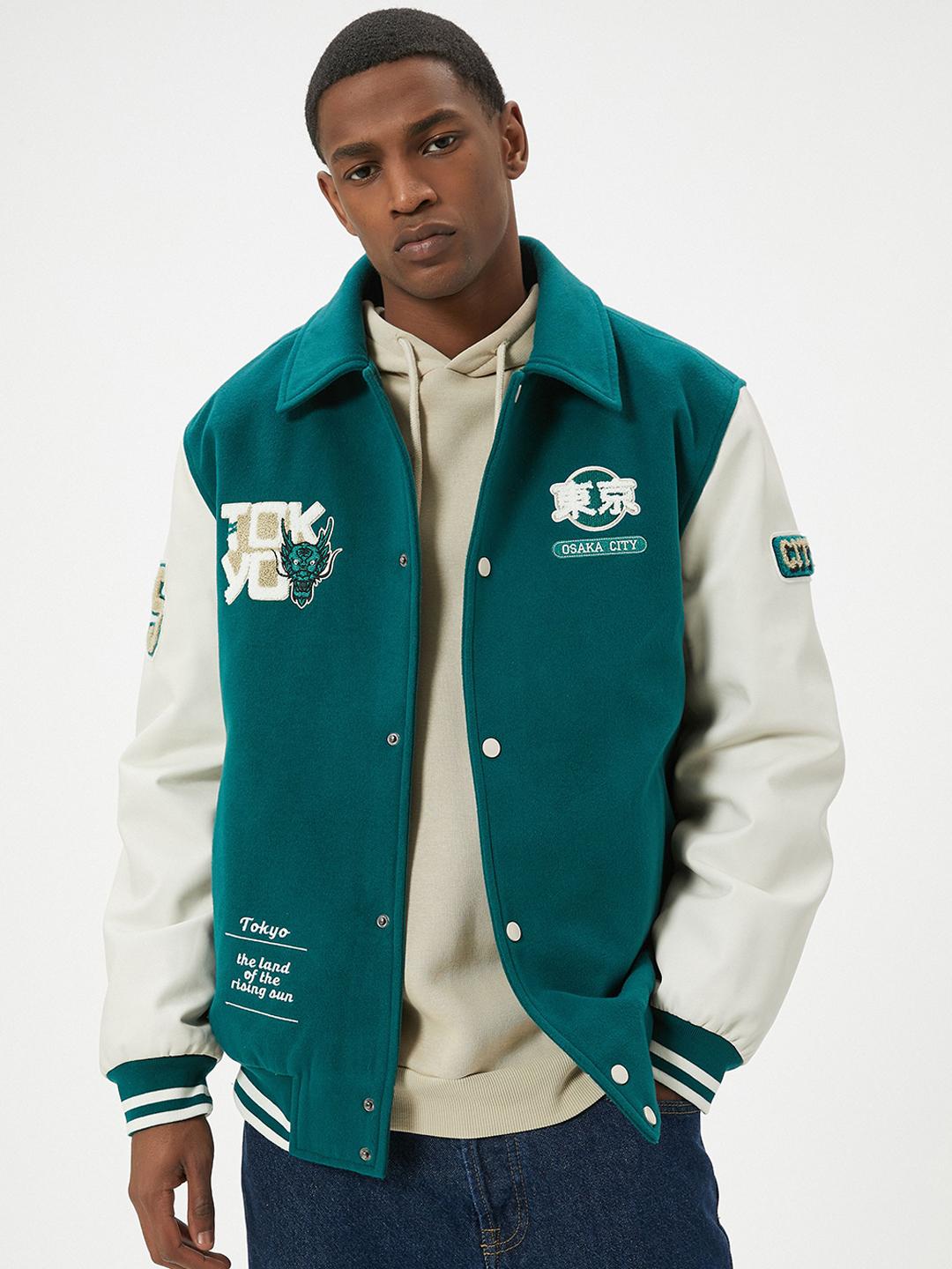 Koton Men Spread Collar Graphic Printed Casual Varsity Jacket