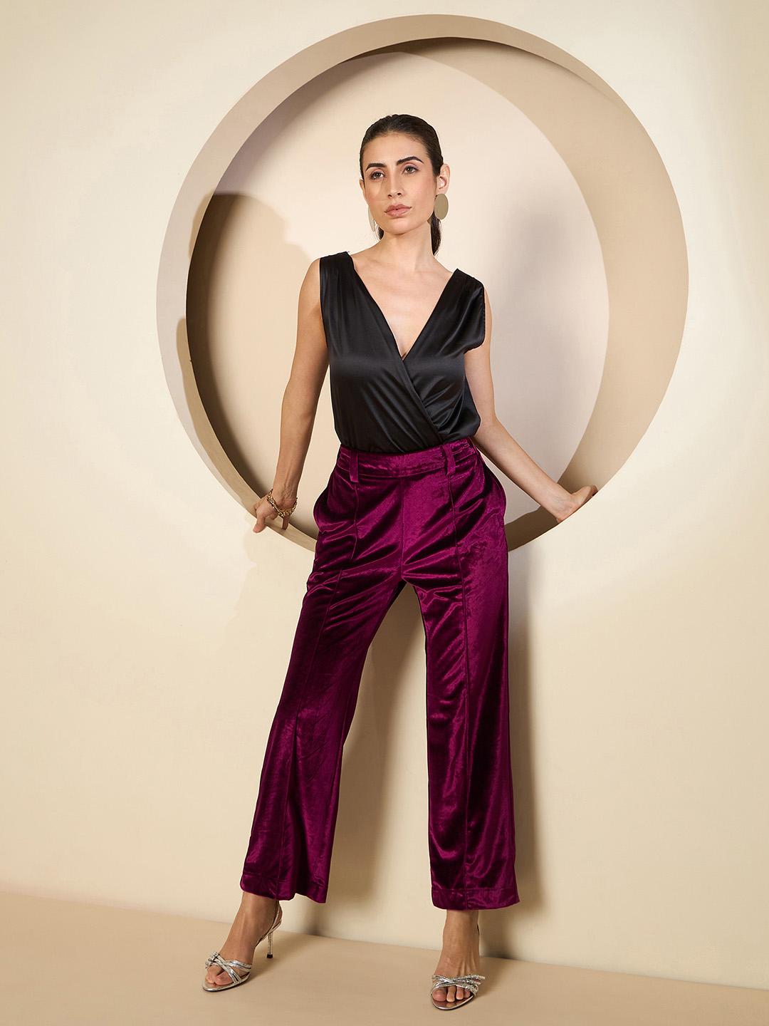 Antheaa Women Smart Straight Fit Velvet Trousers