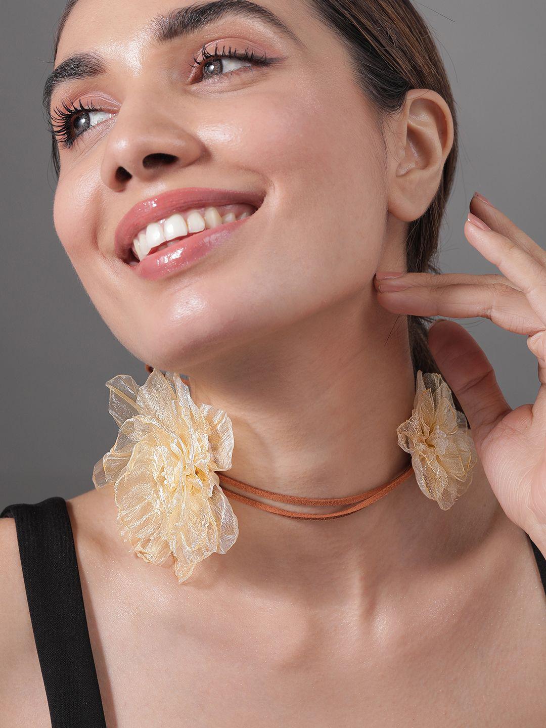 Buy Rubans Stylish Beige Floral Fabric Statement Choker Necklace